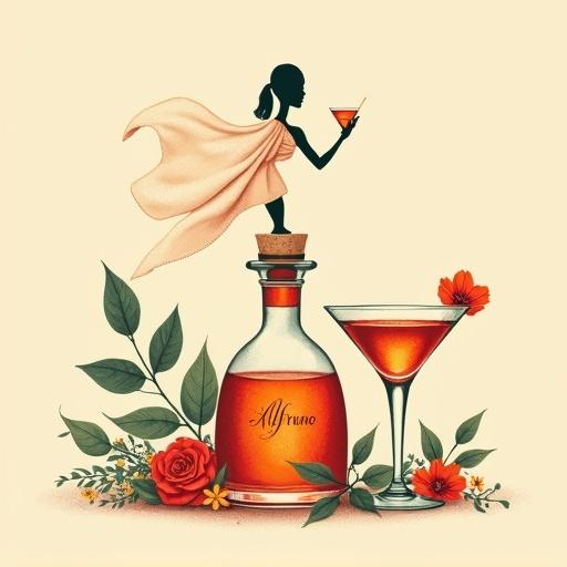 Minimalist artwork featuring a woman holding a cocktail glass. She wears a flowing sarong, with a bottle nearby glowing red and gold. Two cocktail glasses and floral accents surround the bottle. The background is beige, creating an elegant and mysterious mood.
