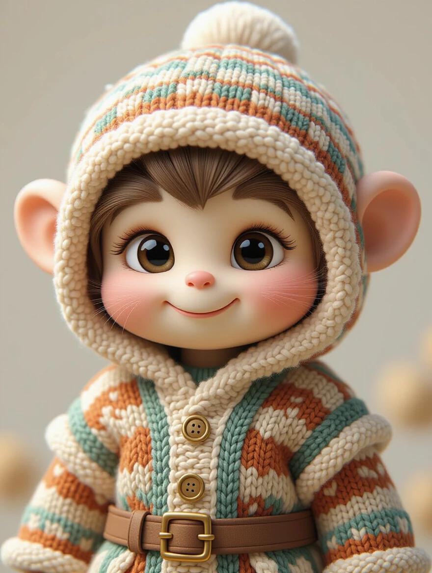 0-year-old baby boy with golden soft fur short hair. Round monkey face with bright clear big eyes. Small delicate nose. Body facing front. 3D cartoon style. Aspect ratio 1:1.