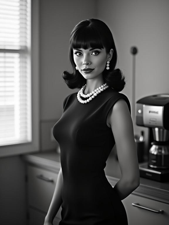 Black and white abstract image of a female office worker in the 1960s in a break room. Vintage coffee maker present. Dark shiny hair and fitted dress. Evocative makeup with lush eyelashes and lipstick. Pearl necklace and large hoop earrings. Heavenly light on her face. Dynamic lighting.