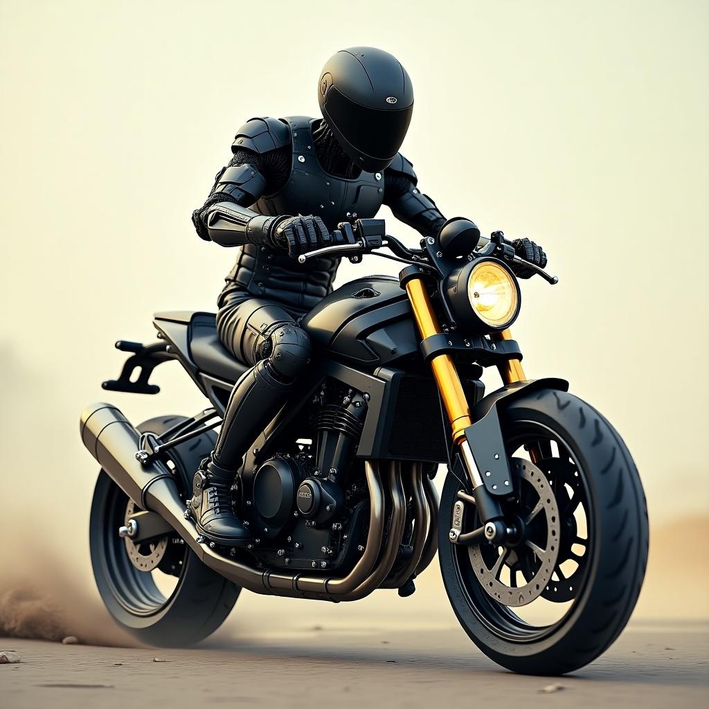 Cyborg figure in full black armor riding a modern motorcycle. The setting is an open terrain with a focus on speed and technology.