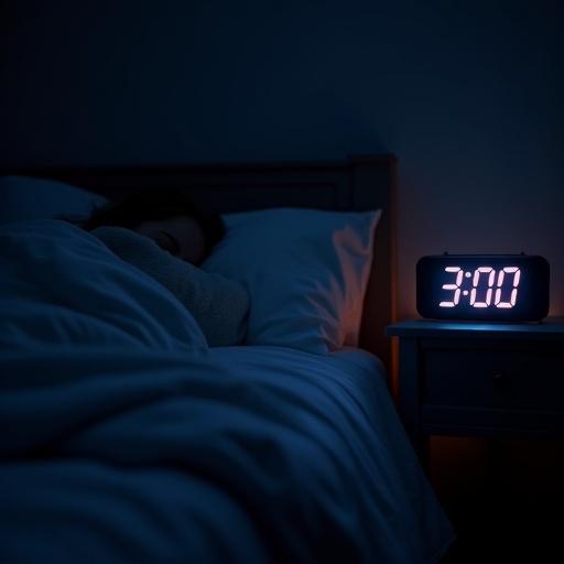 Dim bedroom at night. Person sleeps under a soft blanket on a cozy bed. Main focus is on a digital alarm clock on the nightstand reading 3:00 AM. Clock glows brightly. Quiet cinematic atmosphere with soft shadows. Ultra-detailed realistic style and shallow depth of field.