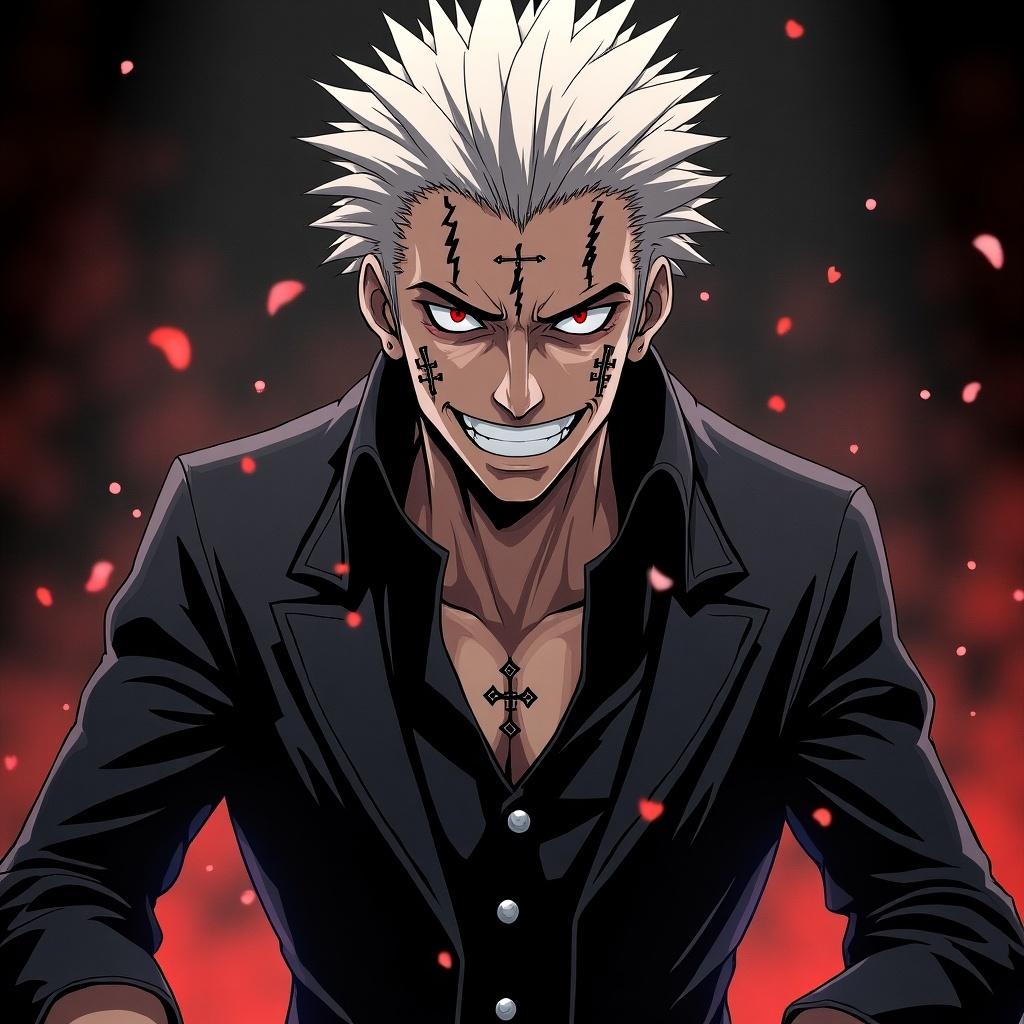 An anime character with spiky white hair and red eyes wearing a black outfit. The character has tattoos on the face and an intense expression. The background has a dark ambiance with a few scattered petals.