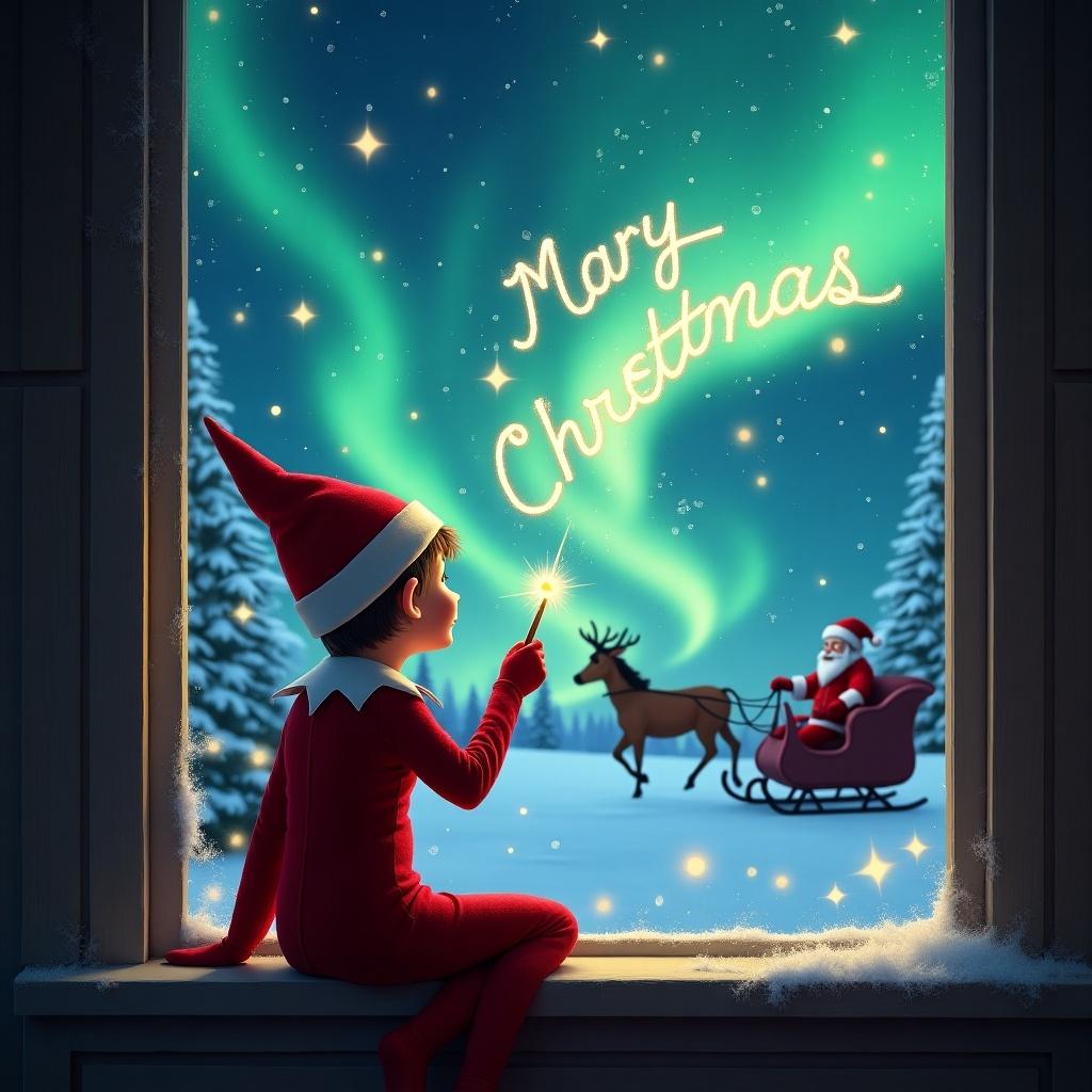 The image features an elf sitting on a window ledge, gazing out at a spectacular display of northern lights in the night sky. The elf is dressed in a classic red outfit with a pointed hat, emphasizing the festive Christmas theme. He is using a wand to write the name Mary Chandler in shimmering letters, creating an enchanting atmosphere. In the background, Santa Claus can be seen in his sleigh, adding a joyful spirit to the scene. The winter landscape is filled with sparkling stars, enhancing the magical ambiance of the holiday season.