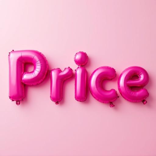 Image showcases the word Price in large balloon letters. Letters are vibrant pink against a pale pink background. Reflective texture gives the letters depth and playfulness.