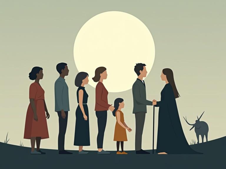 Minimalist vector illustration of people gathered at night with a large moon in the background. Group includes varied ethnicities. Characters are stylized with abstract shapes and non-proportional bodies. Clothing is simple and functional. Background is minimal.