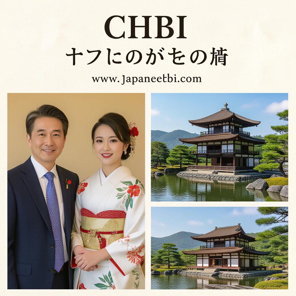 A couple dressed in traditional Japanese outfits poses in a serene garden setting featuring a historical pavilion and lush greenery. The scene captures cultural elements and a tranquil ambiance.