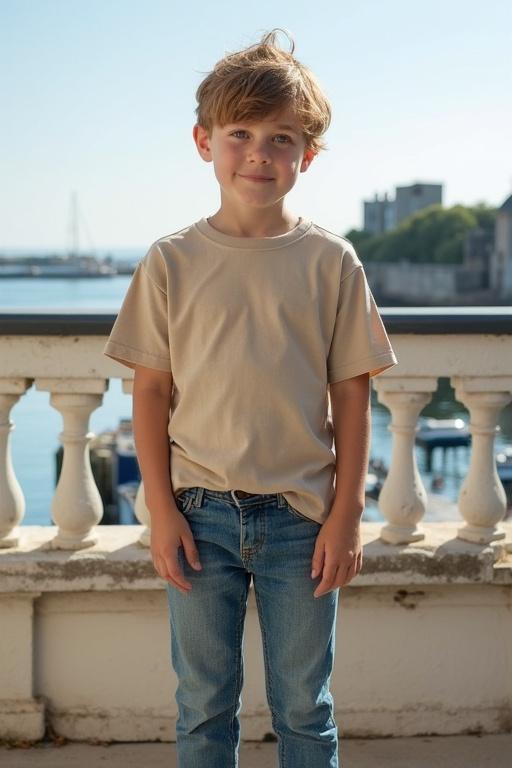 Young boy wearing a natural-colored T-shirt with blue jeans. He stands on a balcony with a sunny harbor view. Short light brown hair appears tousled. Scene captures a peaceful atmosphere in Normandy.