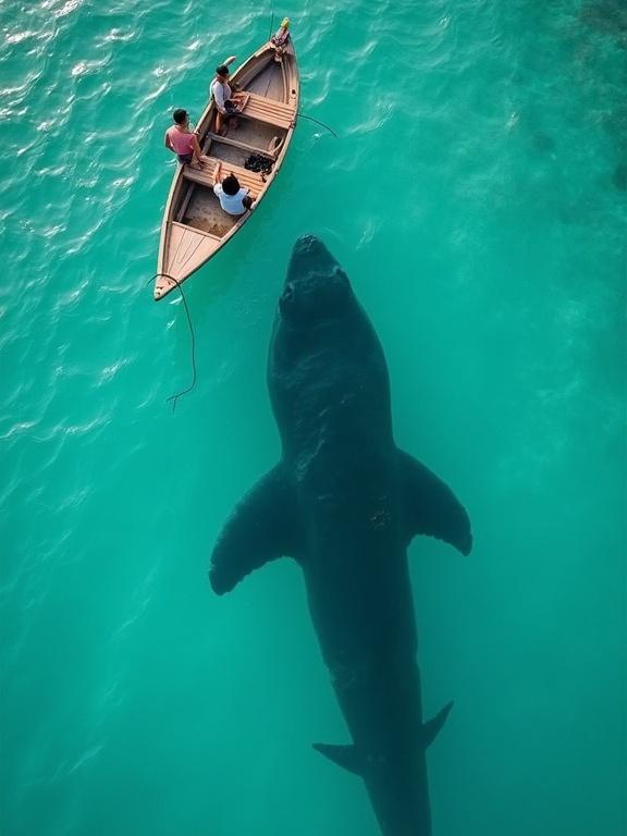 Aerial view from a drone over a small wooden boat in clear turquoise water. Three people in the boat are scared and pointing down at the water. Below the surface, a massive dark shark shape circles. The shark is not visible above water, only its shadow. Natural daylight creates reflections on the water. The size of the shark contrasts with the boat, creating tension.