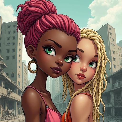 Drawing of a black woman with pink hair and green eyes in a destroyed city. Her friend has blonde dreadlocks, white skin, and brown eyes. They stand side by side in a post-apocalyptic setting.