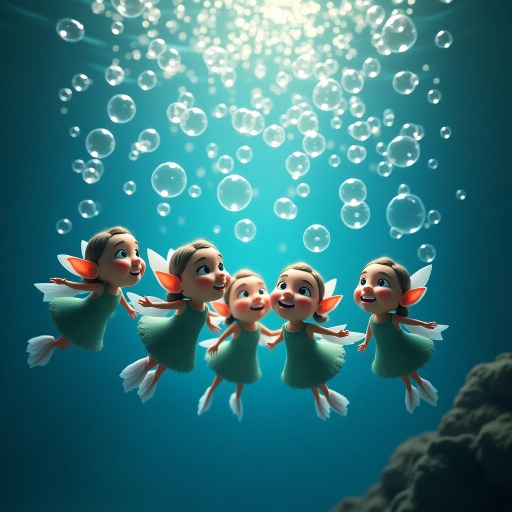 Animated elves swim towards bubbles in underwater scene. Elves appear cheerful and playful. Soft lighting creates magical atmosphere. Bubbles rise towards surface while elves move gracefully.