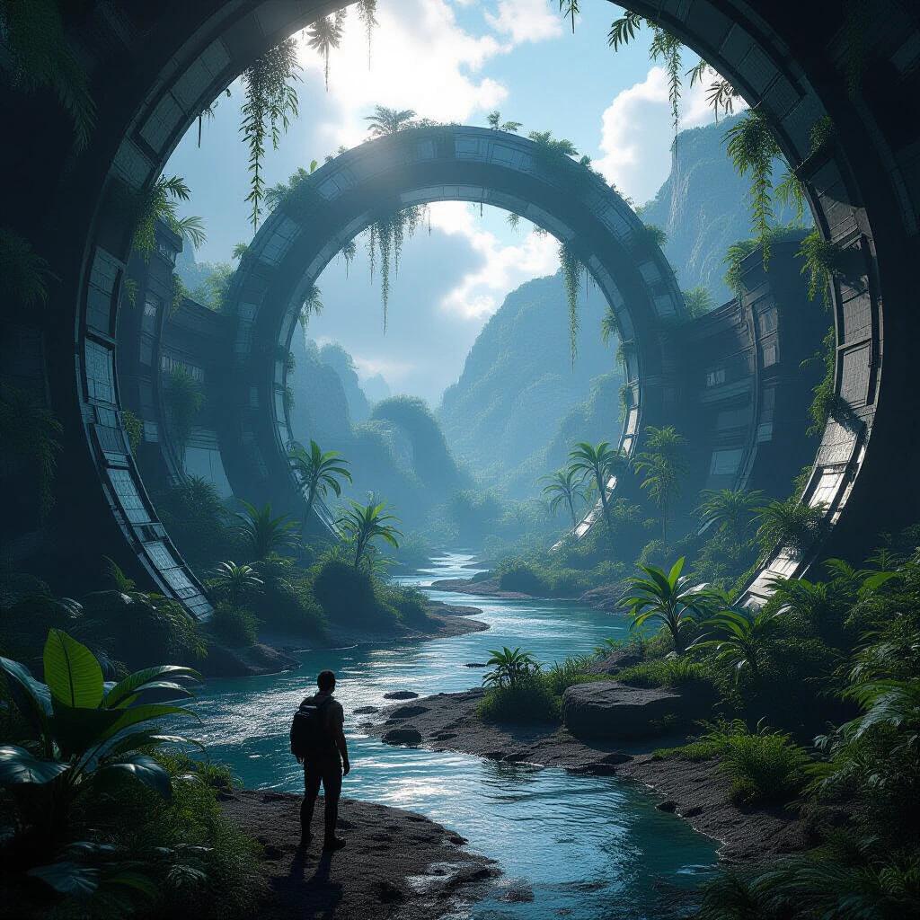 Scene depicts a hyper-realistic jungle landscape featuring a large portal arch. The portal is surrounded by thick vegetation and a calm river flows through. The atmosphere is deep and immersive with bright natural light streaming through the portal.