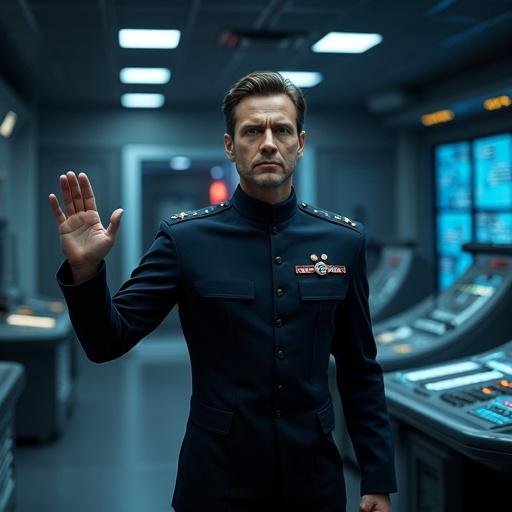 Medium shot of a commanding figure in a sleek dark uniform at a control panel. The figure raises a hand to order the launch of a probe. Expression shows authority and caution. The room has a tense atmosphere. Zooming in captures the gravity of the moment.