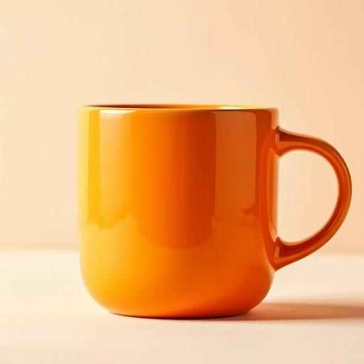 A glossy orange ceramic mug on a pastel background. The mug is uniquely shaped with a comfortable handle. The background is a soft, muted beige to highlight the mug's vibrant color.