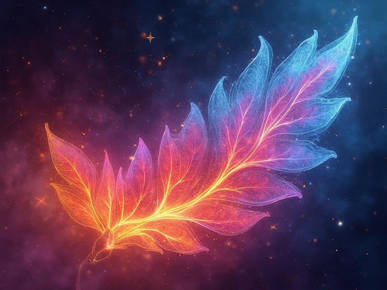 Abstract vibrant leaf design with magical flares against a cosmic background.