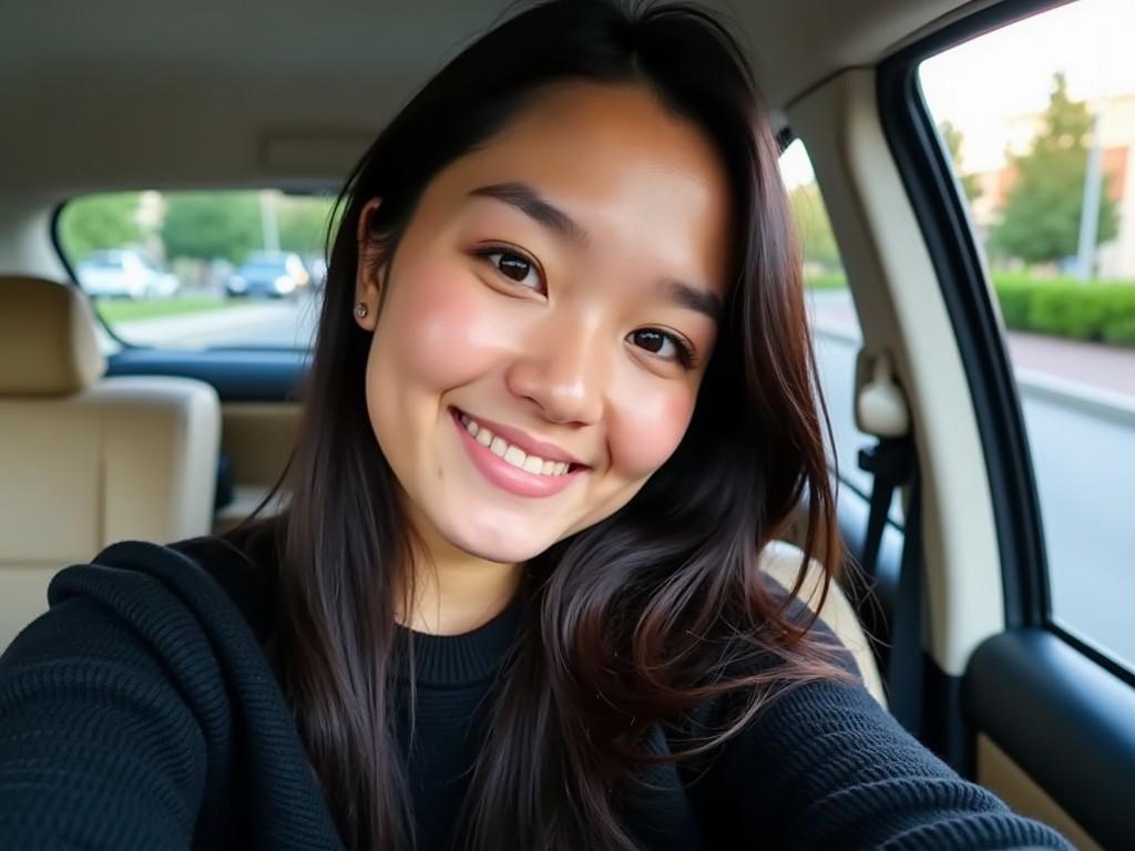 In the image, a young woman is taking a selfie inside a vehicle. She has long, dark hair and is wearing a black sweater. Her makeup looks natural, highlighting her features. The background shows a street with greenery and buildings. The atmosphere appears calm and cozy, suggesting she might be enjoying a relaxing day or driving somewhere. The lighting is soft, enhancing her friendly expression.