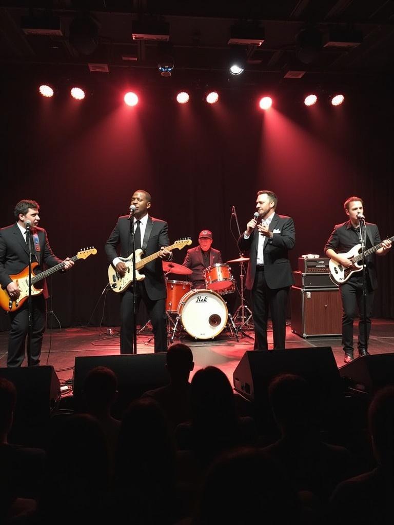 Five musicians performing on stage with instruments including guitars and drums in a concert setting. The performers are dressed in formal attire with vibrant stage lighting illuminating the scene.