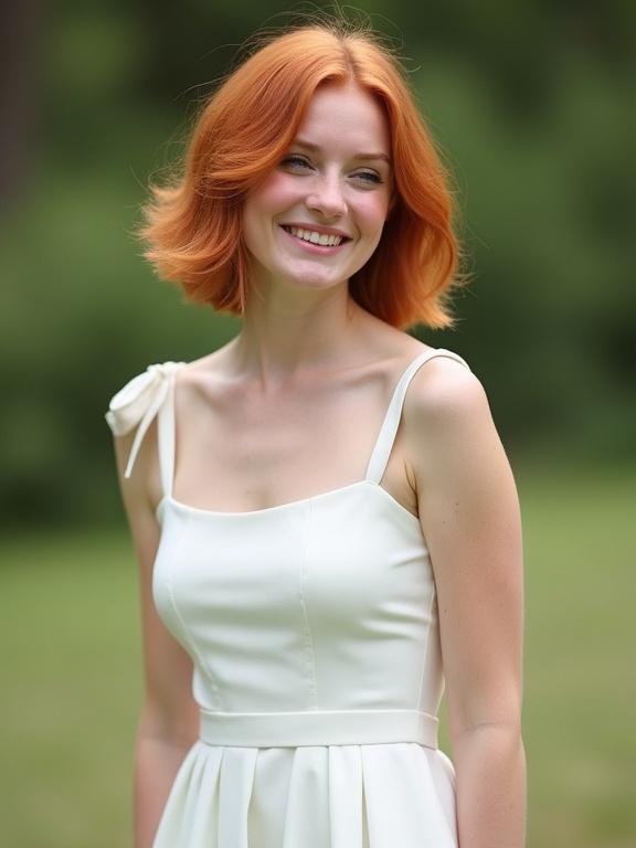 20 year old woman wearing a white dress. She has a round face and a playful pose. The setting is outdoors with soft sunlight. The woman appears happy and youthful.