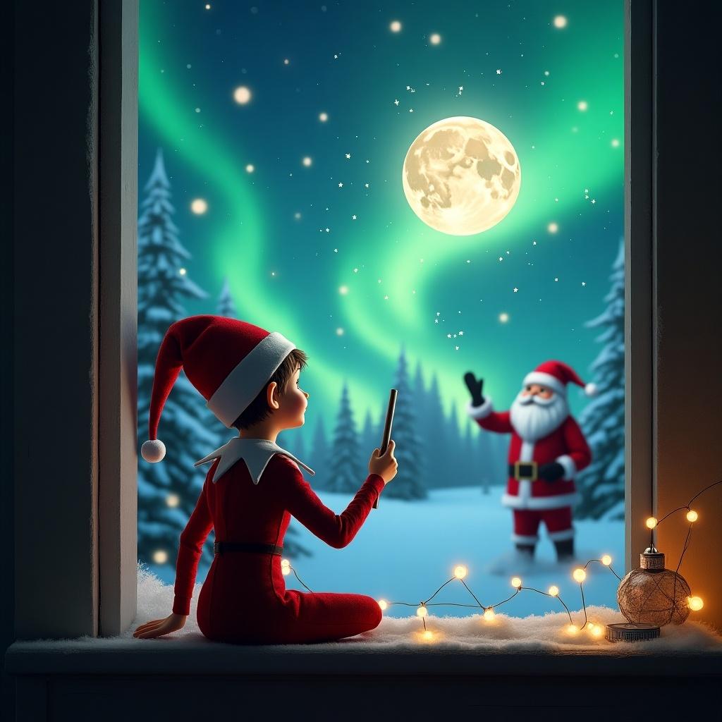 The image depicts an Elf on the Shelf with his back to the viewer, gazing towards the sky. He is using a wand to write 'Moon Pie' in the night sky. The scene is set in a cozy room, adorned with festive decorations. Outside, a magical winter landscape is illuminated by stunning northern lights. In the background, Santa Claus is waving, creating a whimsical and festive atmosphere reminiscent of holiday cheer.