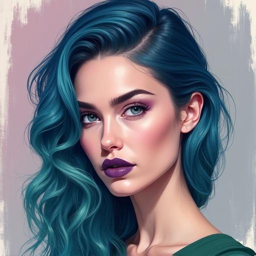 Digital portrait illustration featuring a woman with blue hair and defined facial features. Background has muted tones. Hair is styled in waves. Subject has full lips and intense eyes. Skin has detailed shading. Subject wears green garment. Background features soft brush strokes.