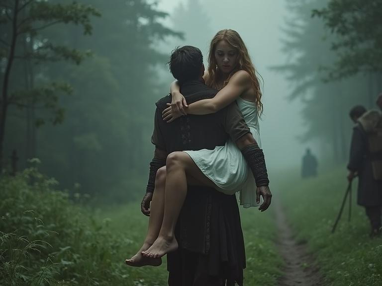 Strong Viking woman carries a young woman over her shoulder Young woman is barefoot wearing a white dress Dense misty forest surrounds them Dramatic light enhances the scene