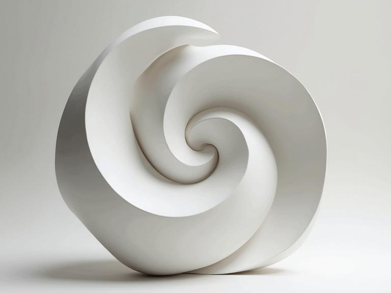 Surreal minimalist sculpture inspired by optical illusions. Sculpture dazzles the eye and challenges perception. Aspects appear to leap out from the form. Design obscures nature of the sculpture creating other-worldly beauty.