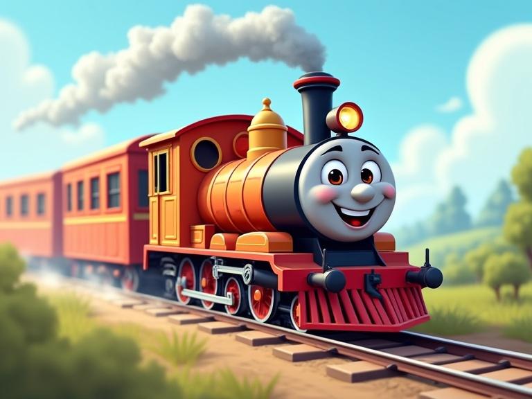 Animation of a cartoon train locomotive smiling and moving fast. The train is bright with cheerful colors and a happy expression. It is on tracks in a landscape with green grass and trees under a blue sky.