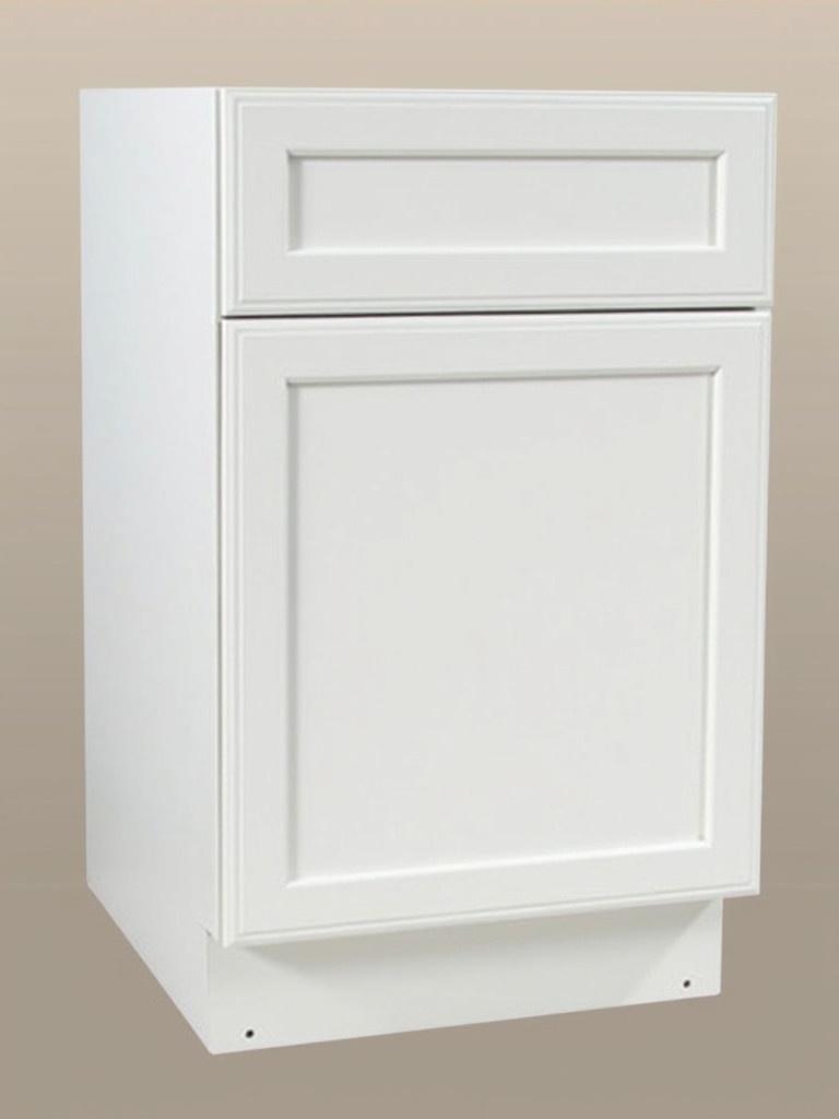 Base 24 inch kitchen cabinet in shaker style. Color is white. It has one drawer and one door. Simple and elegant design.