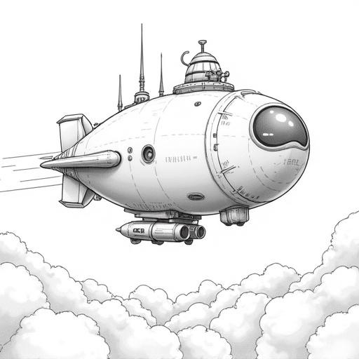 Black and white line art illustration of whimsical bulbous sci-fi airship or spacecraft. Features large rounded main hull with prominent cockpit windows top-mounted cannon turret antennae external pipes thrusters. Retractable landing skids deployed. Flying above sea of detailed clouds. Clean line work hatching shading texture. Charming imaginative vehicle design.