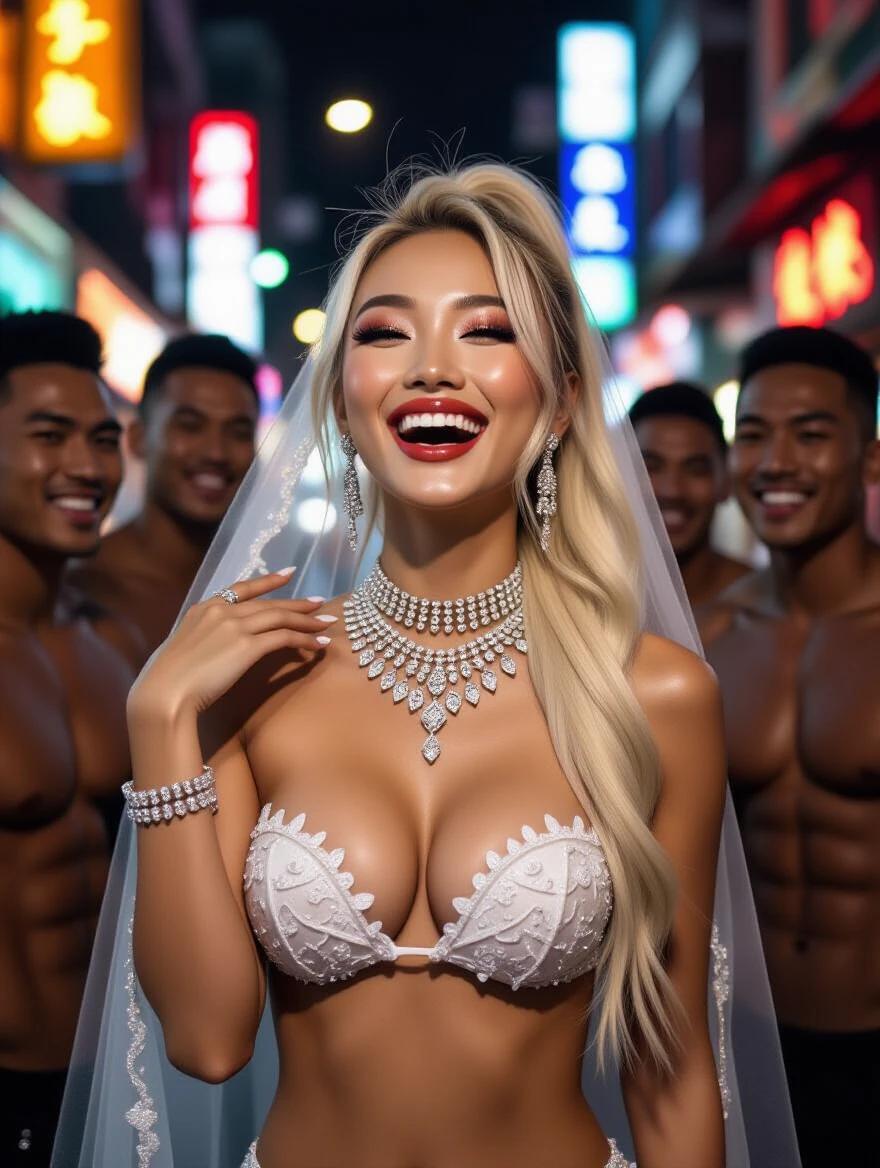 Hot Asian model wears wedding bikini with a high blonde ponytail. Heavy crystal jewelry adorns her. She has a veil on her head. Bright makeup highlighting her features. Laughing and touching her neck. Tipsy and posing confidently with a group of muscular friends on a narrow cyberpunk night street.