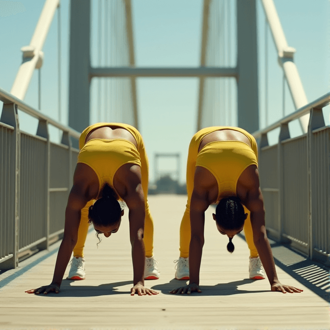 Two individuals in matching yellow athletic outfits perform a stretching exercise on a sunlit, modern bridge.