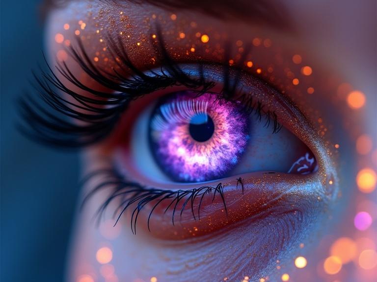 Ultra-close-up of a human eye with vivid surreal elements. Iris resembles a glowing galaxy with purple pink blue nebula patterns. Eye makeup features glowing orange golden particles. Long sharply defined eyelashes for dramatic look. Ethereal lighting with cool blue and warm highlights. Smooth skin texture with shimmering glitter for cosmic atmosphere. Hyper-realistic and fantasy-inspired. Dreamy sci-fi aesthetic.