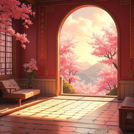 Anime style artwork depicting the inside of a luxury Kanji kingdom palace Onsen. Features red cherry blossoms and a view of mountains. Morning light illuminates the semi futuristic interior.