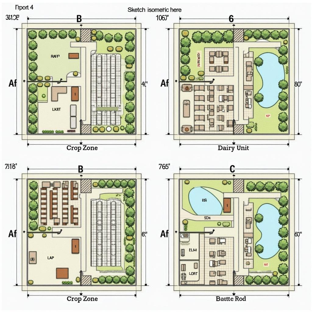 Drawing plan of a functional farm layout. Different areas for stables, dormitories, greenhouses, and water facilities included. Pathways and green spaces are incorporated. Five main sections represent the dairy unit for cows, a pond, and a crop production area. Each area is labeled with symbols for crops and structures. The image shows an engineering drawing in orthographic views, third angle projection. Contains a front view, top view, and side view with dimensions in metric units. Key features include circles, angles, additional notations for radii and diameters. Four distinct house layouts are illustrated, each measuring 6 x 8 squares.