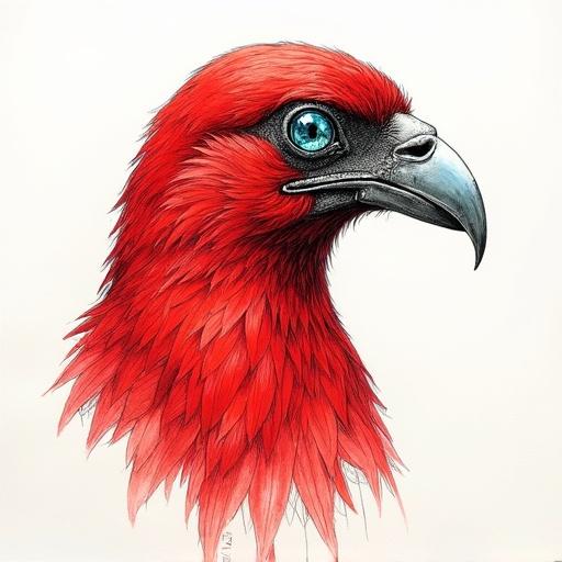 Pen and ink portrait showcases the neck and head of a red liverbird with striking topaz gemstones for eyes