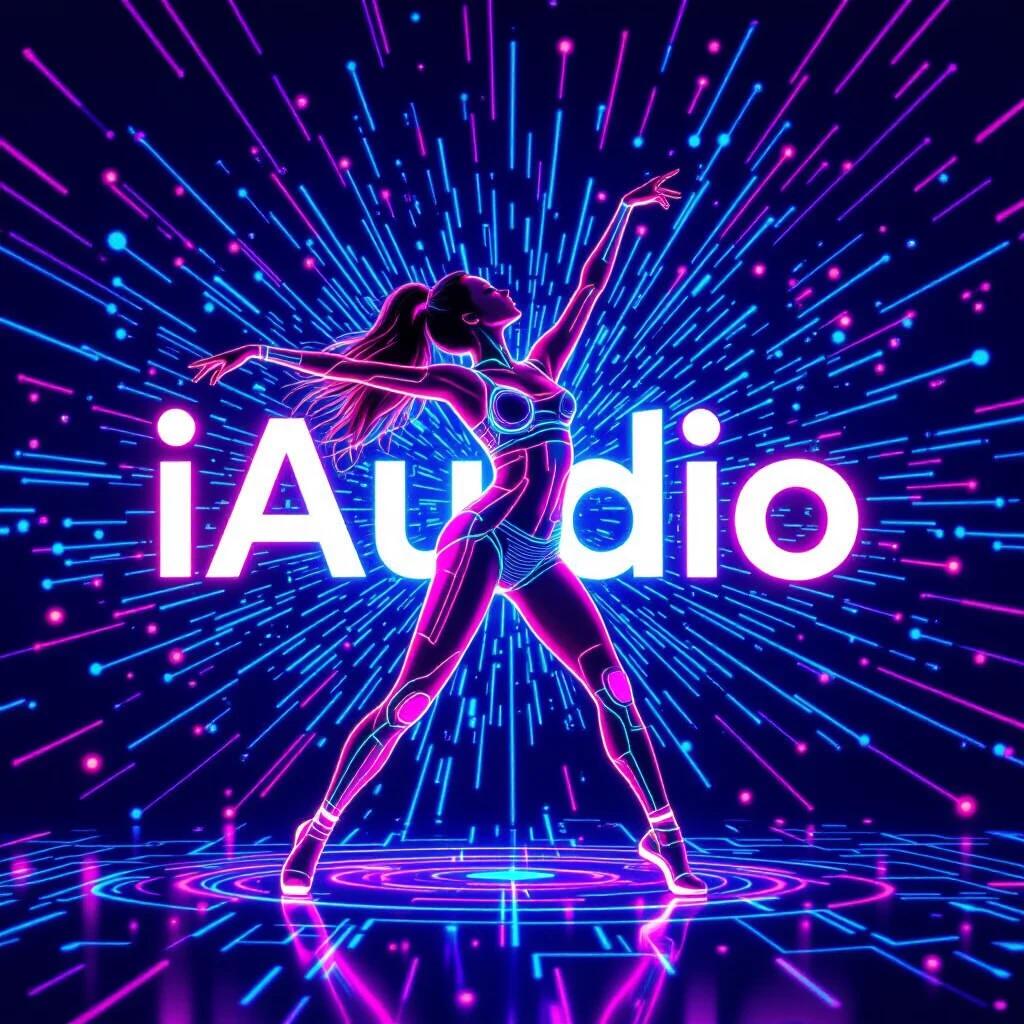 Futuristic humanoid dancer made of neon light lines. Inspired by 'iAudio' with pink, cyan blue, and lilac lights. Dancer in dynamic pose with arms raised. Body composed of light beams and particles. Background has circular and digital strokes resembling circuit patterns. Digital, vibrant setting like explosion of data and sound energy.