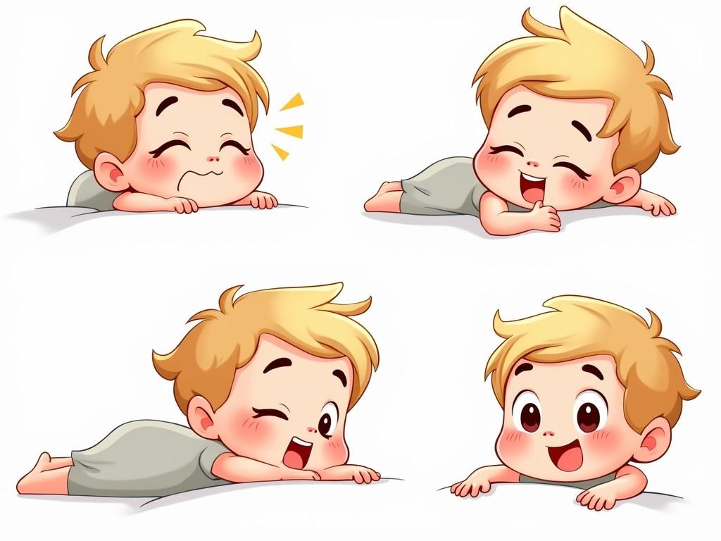 Cheerful animated boy character is shown in four different poses. Short hair is styled cutely. The boy lays on a bed. Each pose demonstrates different emotions. One pose depicts him in thought. The style references classic Disney character designs.