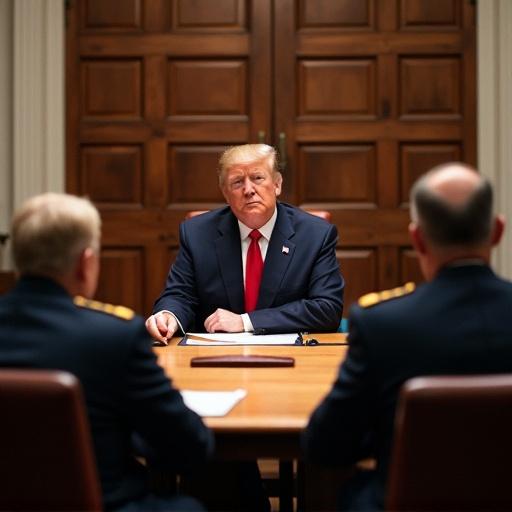President Trump seated at a conference table with military advisors and the Defense Secretary