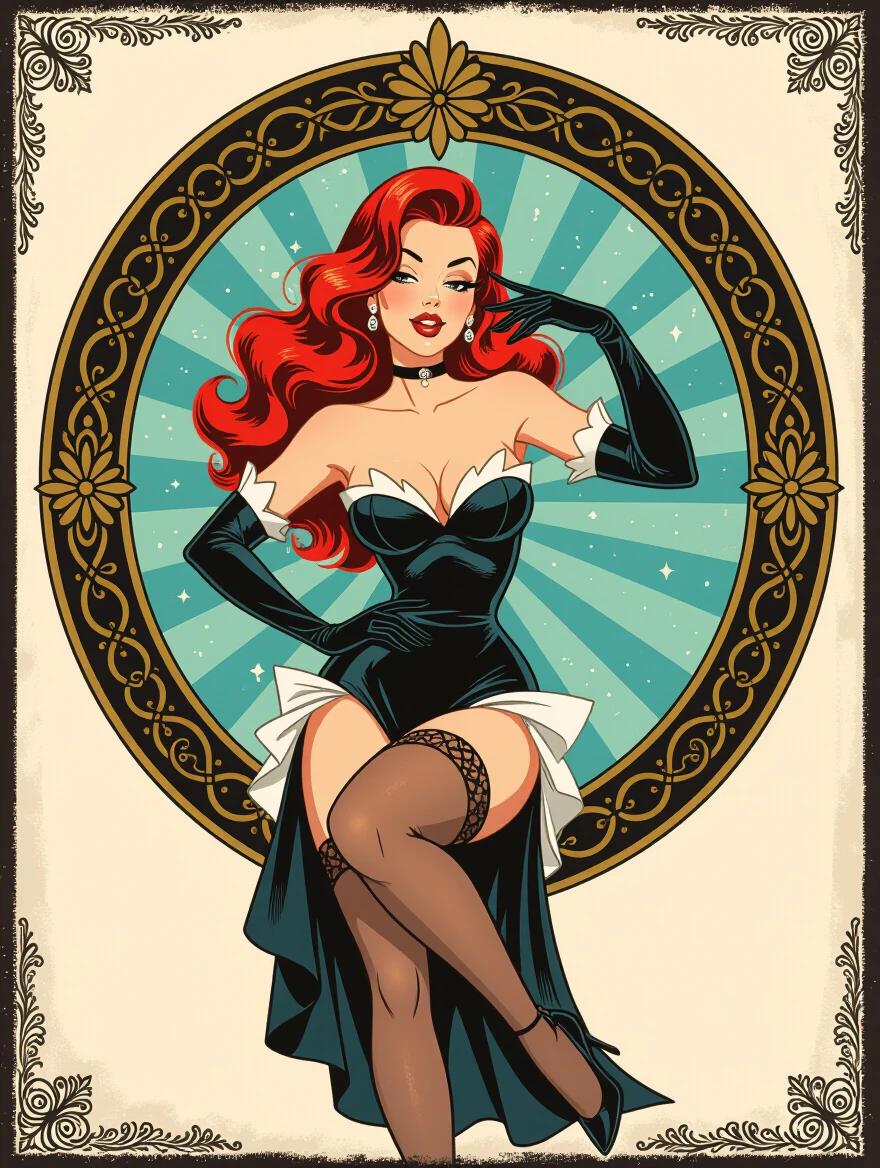 Whimsical vintage style illustration of a femme fatale character. The character has long red hair and wears a black dress with white accents. A striking pose with stockings and gloves. Background features a circular pattern.
