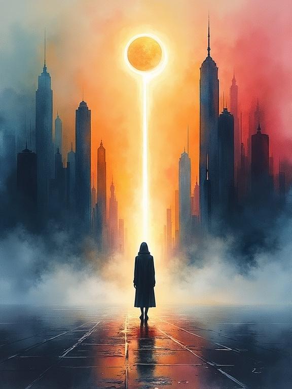 Surreal watercolor painting depicting a figure beneath a luminous beacon in an abstract city. City with vertical ink bleeds and sharp silhouettes. Sky transitions from indigo to crimson to gold. Figure is minimal, genderless, cloaked, partially dissolving into air. Light radiates in rings. Foreground has symbolic textures like rings and scripts. Painted using wet-on-wet and drybrush techniques. High contrast.