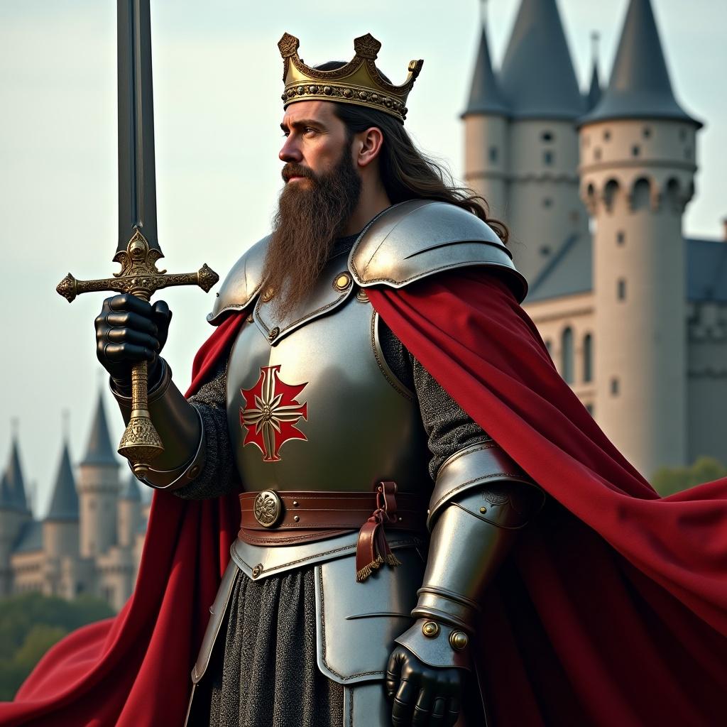 A king stands confidently in armor. He wears a red cape. He holds a sword upright. A grand castle with pointed towers is in the background. The king has a long beard and a thoughtful expression. The scene embodies strength and nobility.