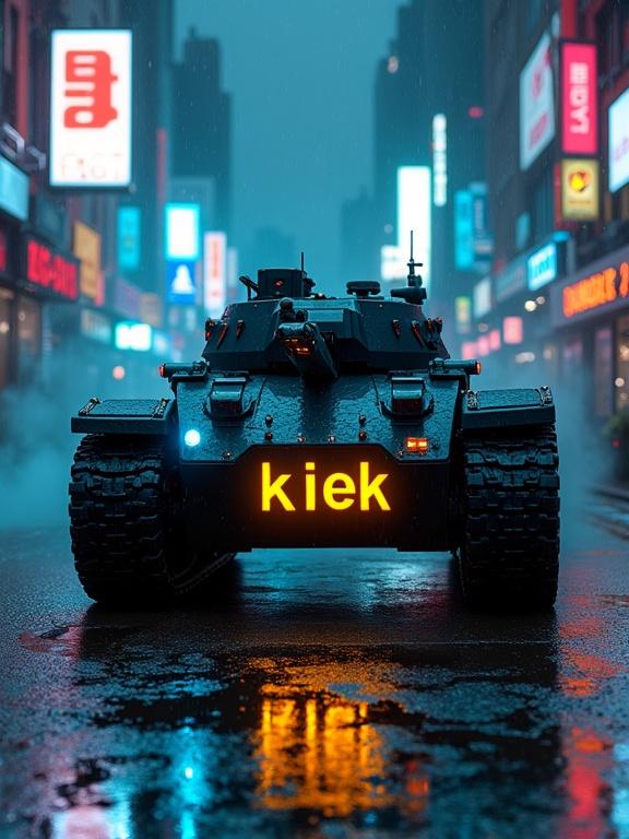 Cyberpunk tank in a rain-soaked alley. Neon-blue lights reflect off the tank. Matte black armor and chrome spikes are visible. Leather treads leave imprints on wet pavement. 'Kiek' glows on latex wheels in toxic-yellow. Smoky atmosphere created by hidden vents and holographic billboards. Shadows emphasize the tank's sharp angles.