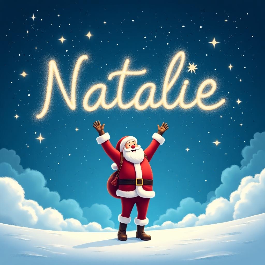 Santa writing Natalie in the sky with a joyful expression. Bright colorful background with snowy landscape. Stars twinkling around the name.