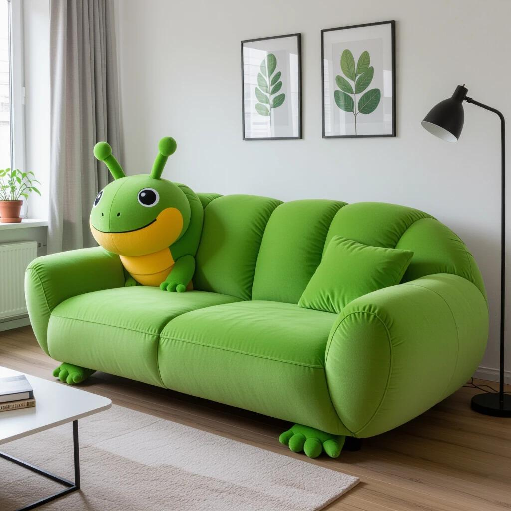 A sofa is designed to look like a frog. The sofa is plush and bright green. It is placed in a modern living room. There are two leaf-themed framed pictures on the wall. A lamp is beside the sofa. A small plant is on the window sill.