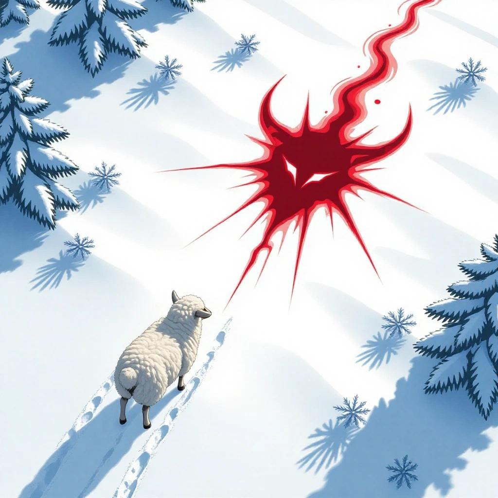 A video game poster featuring a snowy terrain with a sheep searching for its lamb. The scene includes a large blood stain shaped like a demon. The perspective is top-down with a slight angle.