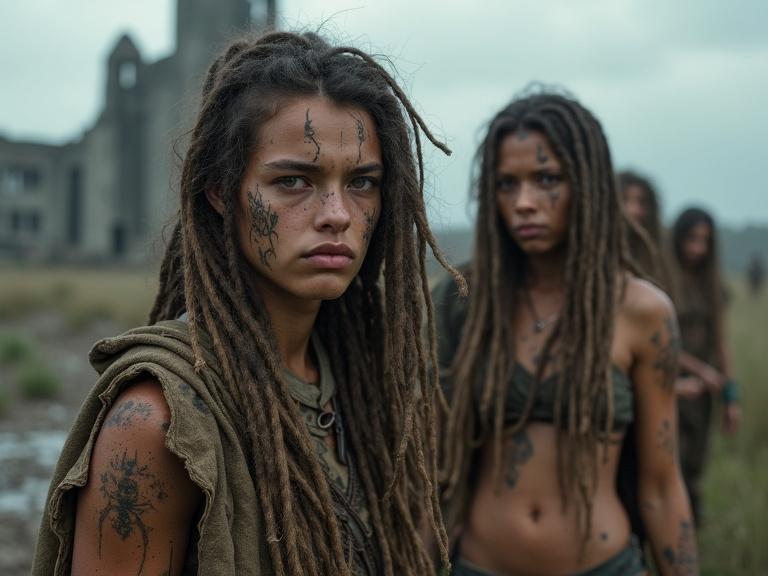 Highly detailed photorealistic group of young huntresses in a post-apocalyptic setting. They have long tangled hair with partial dreadlocks. Skin is dirty with mud camouflage. Crude tribal tattoos are visible on faces and arms. They wear primitive clothing from scavenged materials. A tattered camo netting cloak is draped over shoulders. Background shows ruined city under overcast sky. Captured with Fujifilm XT3 DSLR. Soft lighting and shallow depth of field.