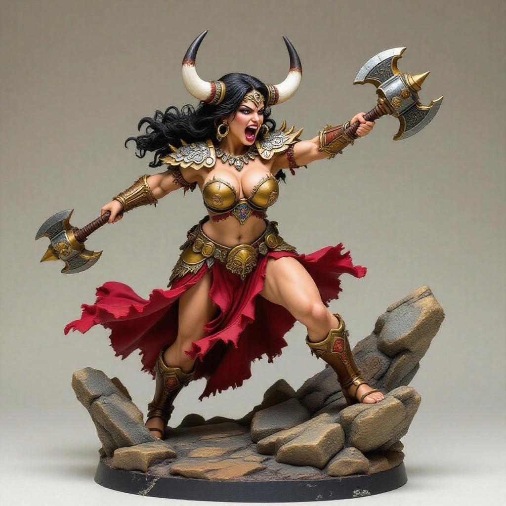 Resin figure of a voluptuous woman with fair skin. Fierce expression and defined body. Dynamic pose with one leg forward and arms raised. Striking ground with a large war mace. Wearing bull horns and indigenous-style armor with gold and red. Torn dress flapping with impact. Rocky base with cracks. Mythological aesthetic, strong and wild.