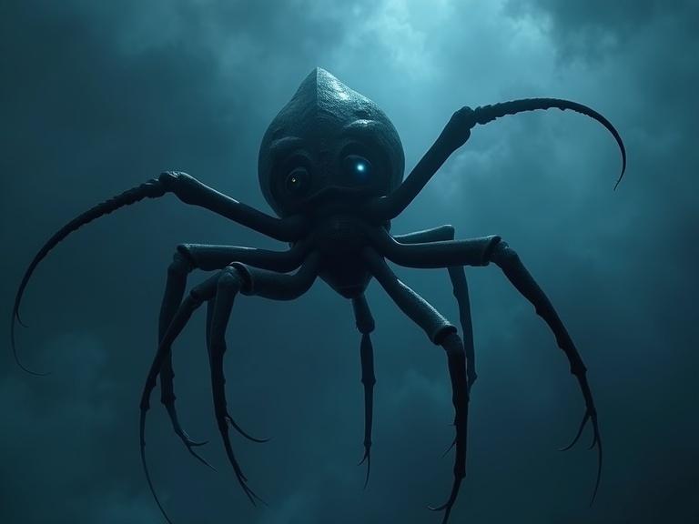 Image depicts a dark cinematic view looking up at a colossal black creature. The creature features a round pointed head and six small dark blue glowing eyes. It has long smooth tentacles breaching through dark clouds. The setting is high in the sky with an overall dark blue filter. The design showcases realism with soft reflections and shadows giving it a high dynamic range appearance. VFX effects enhance the creature's presence in a foggy atmosphere.