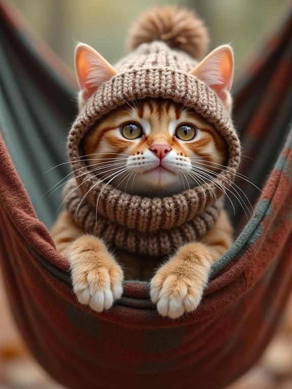 A cute cat relaxed in a hammock wearing a cozy knitted outfit. The cat is looking directly at the viewer with large eyes and a playful expression. The background is softly blurred suggesting a serene outdoor setting.