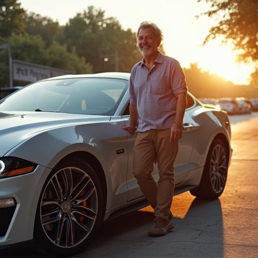 Happy man stands beside new shiny car during golden hour. Warm sunlight illuminates surroundings. Man appears content and proud of vehicle.