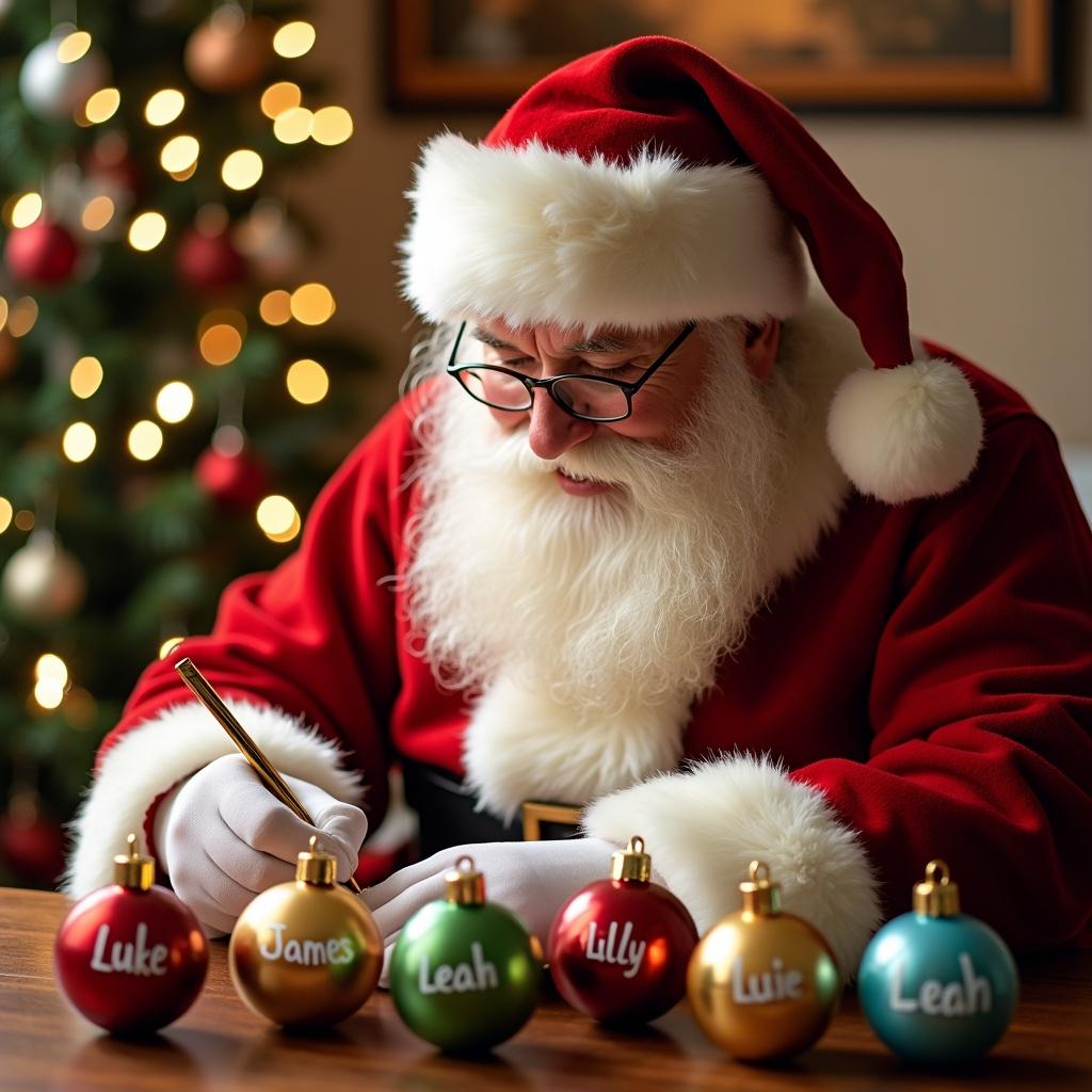 Image shows Santa Claus in a cozy space wearing a red suit. He writes names on shiny colorful baubles. Names are Luke, James, Leah, Lucy, Lilly. Background has a decorated Christmas tree with lights. Atmosphere is warm and festive.